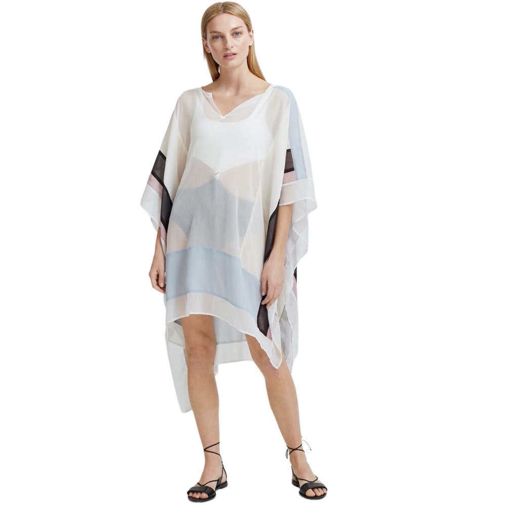 CLUB MONACO OHNAY SEMI SHEER WHITE WITH BLUE & PINK COLORBLOCK COVERUP